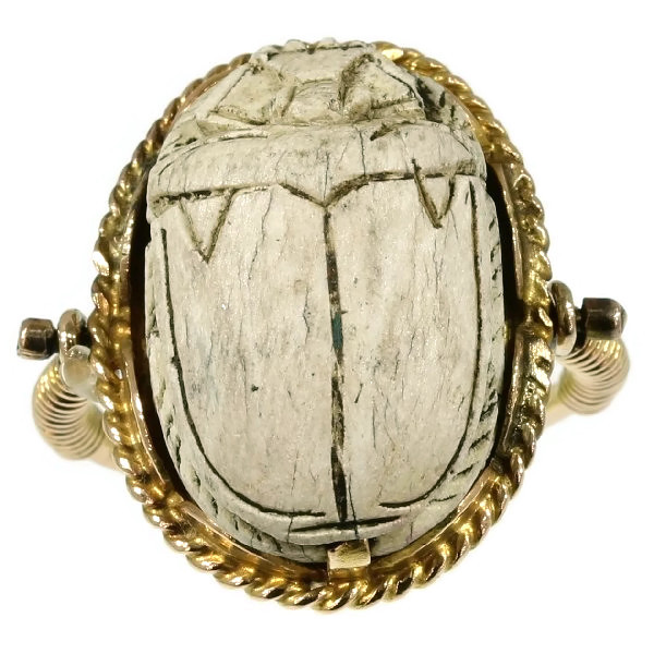 Typical Egyptian scarab ring with cartouched scarab set in gold swivel ring (image 2 of 15)